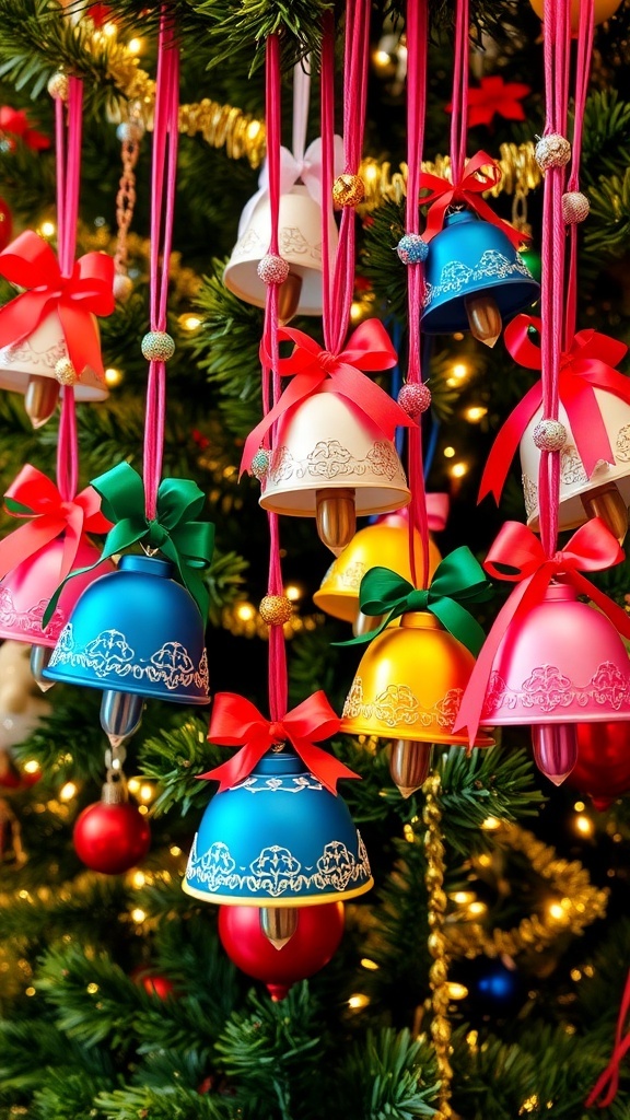 Colorful jingle bell ornaments on a Christmas tree, decorated with ribbons and festive embellishments.